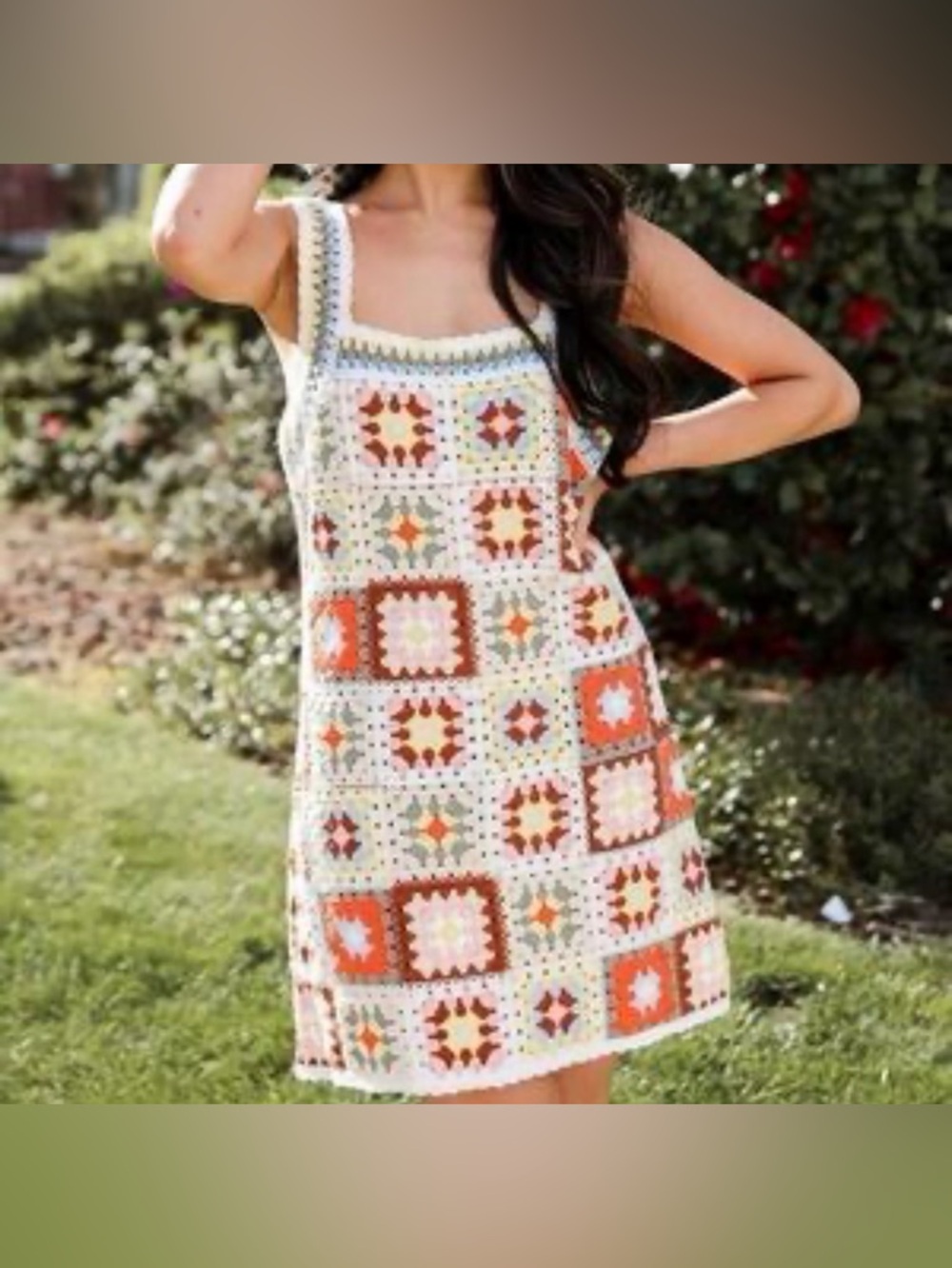 95. Very J Crochet Square Patchwork Sundress in Cream, Orange, Brown